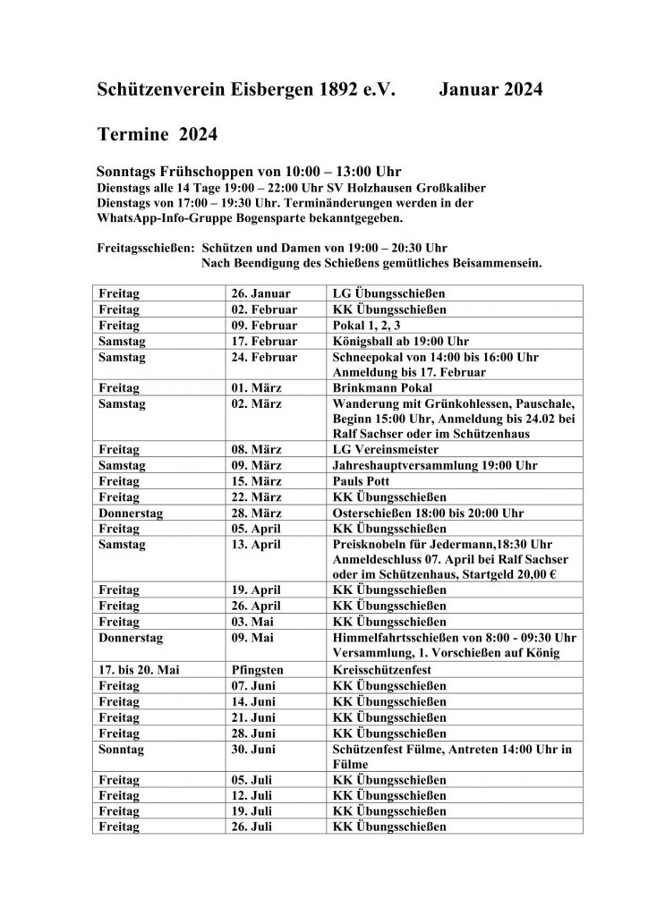 Termine für die 1. Jahreshälfte 2024 des SV Eisbergen 1892 e.V.