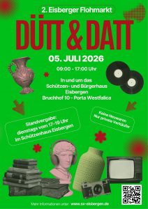 Werbeplakat für den 2. Eisberger Flohmarkt Dütt&Datt am 05. Juli 2026 am Bürger- und Schützenhaus Eisbergen