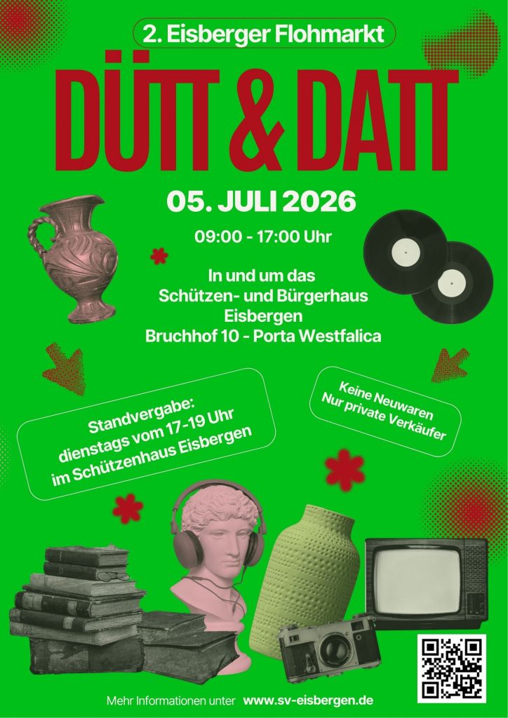 Werbeplakat für den 2. Eisberger Flohmarkt Dütt&Datt am 05. Juli 2026 am Bürger- und Schützenhaus Eisbergen